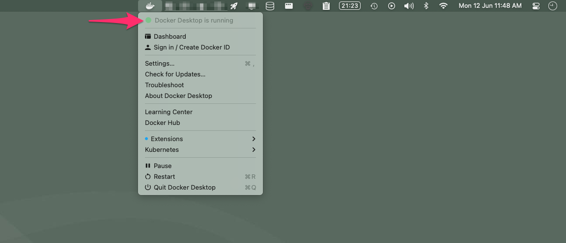 Screenshot of Docker menu bar options