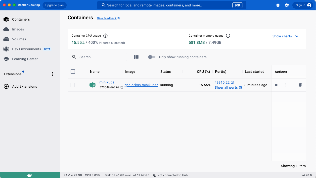 Screenshot of Docker Desktop with minikube container running