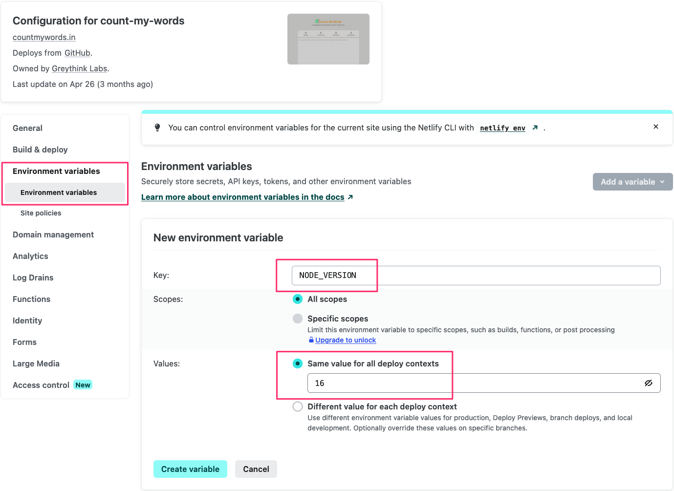 Screenshot of Netlify dashboard