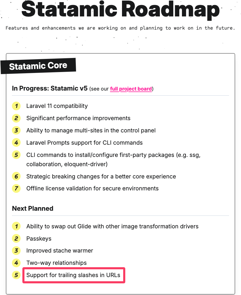 Screenshot of Statamic's development roadmap