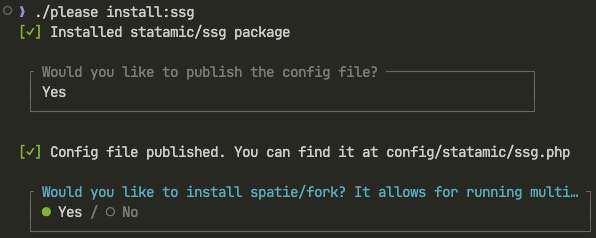 Prompts shown in the terminal when installing Statamic's SSG package