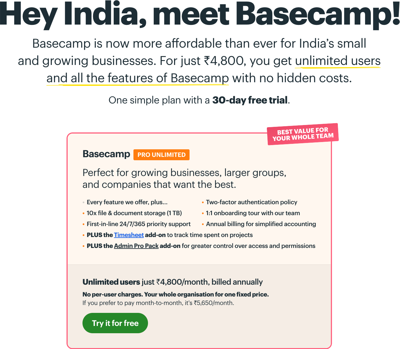 Basecamp's pricing page in October 2024