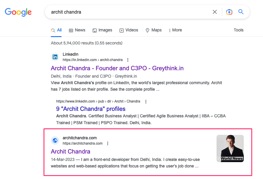 Screenshot of Google search for the terms 'archit chandra'